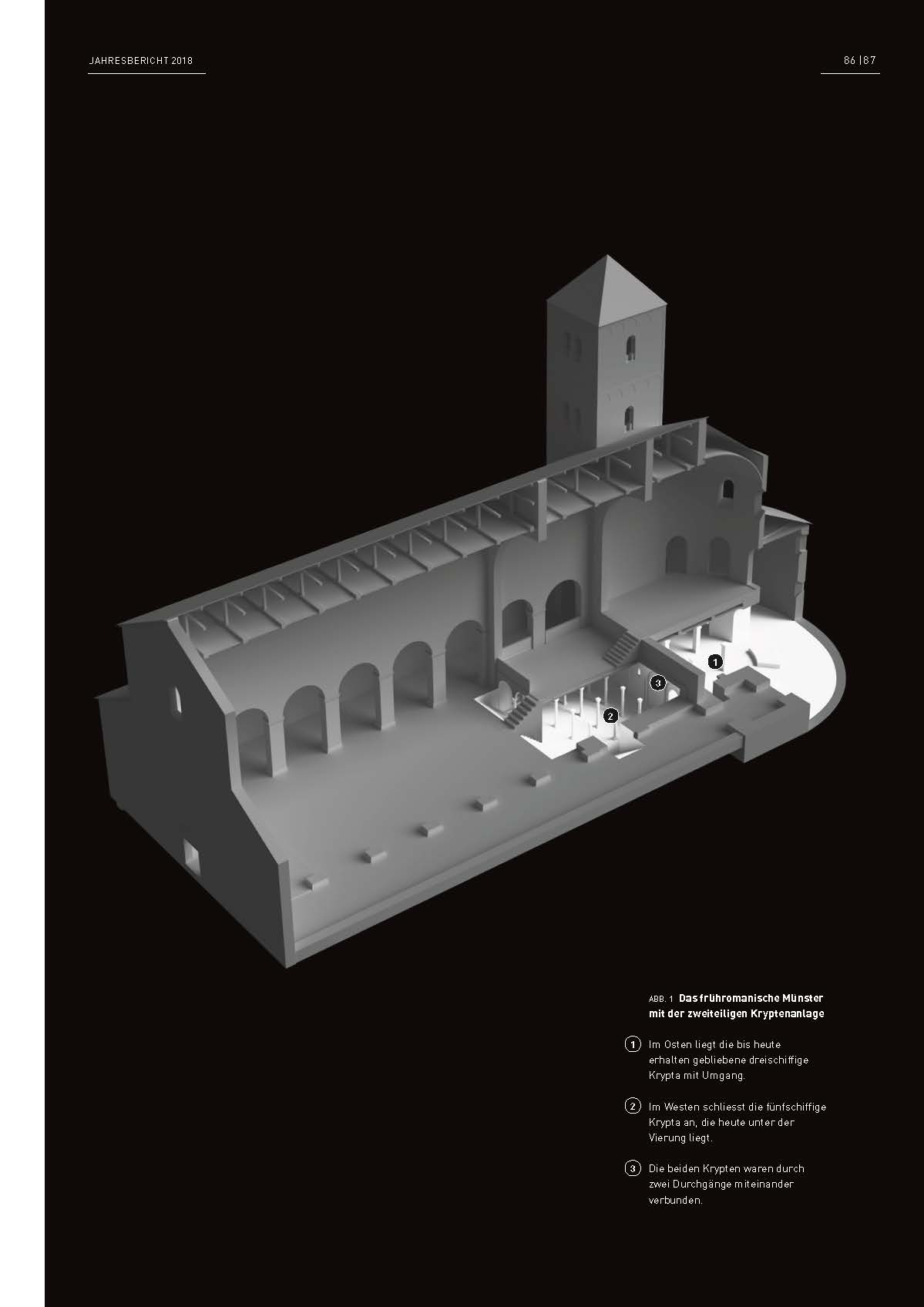 Schwarz-weisse Rekonstruktion des frühromanischen Münster mit der zweiteiligen Kryptenanlage