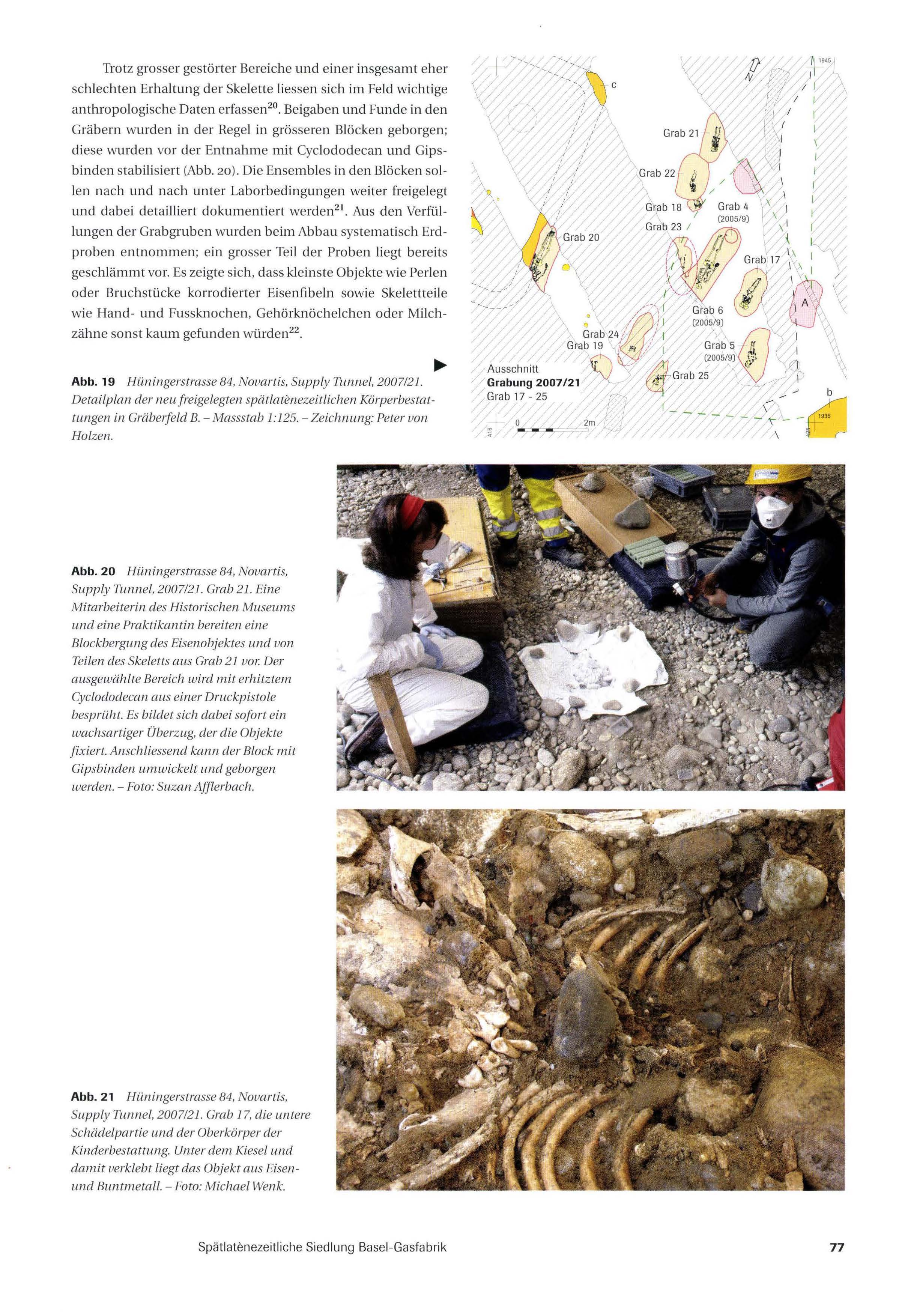Seite mit Abbildungen der neu freigelegten spätlatènezeitlichen Körperbestattungen in Gräberfeld B.