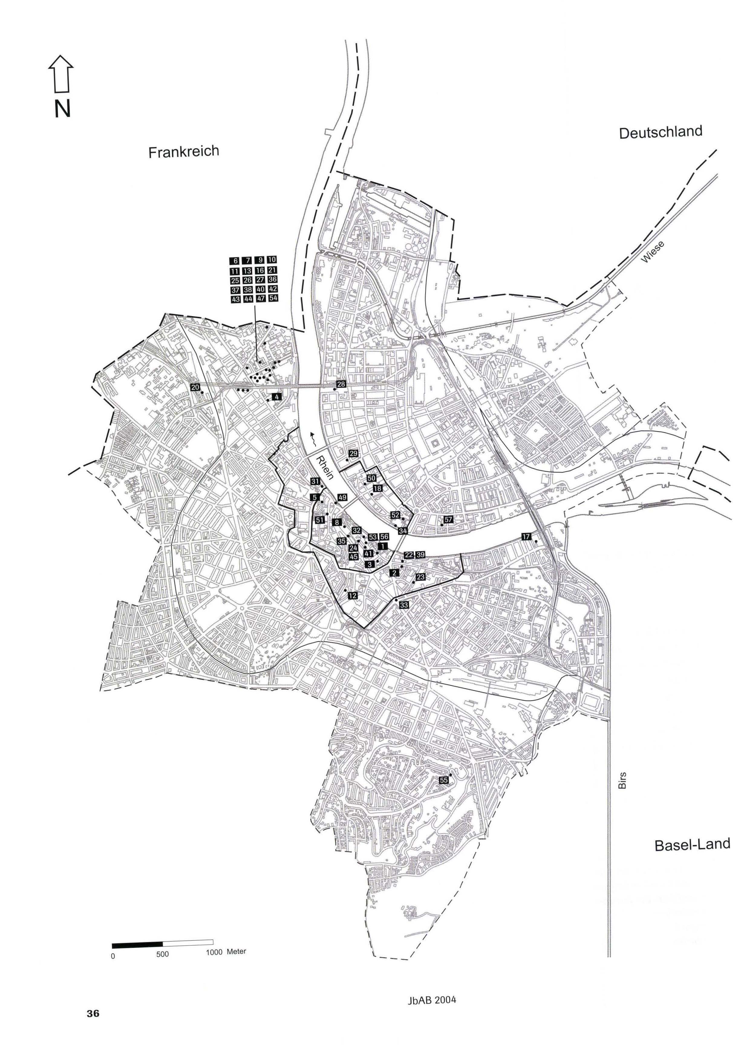 Kantonskarte mit Übersicht über die Ausgrabungen und Funde im Jahr 2004