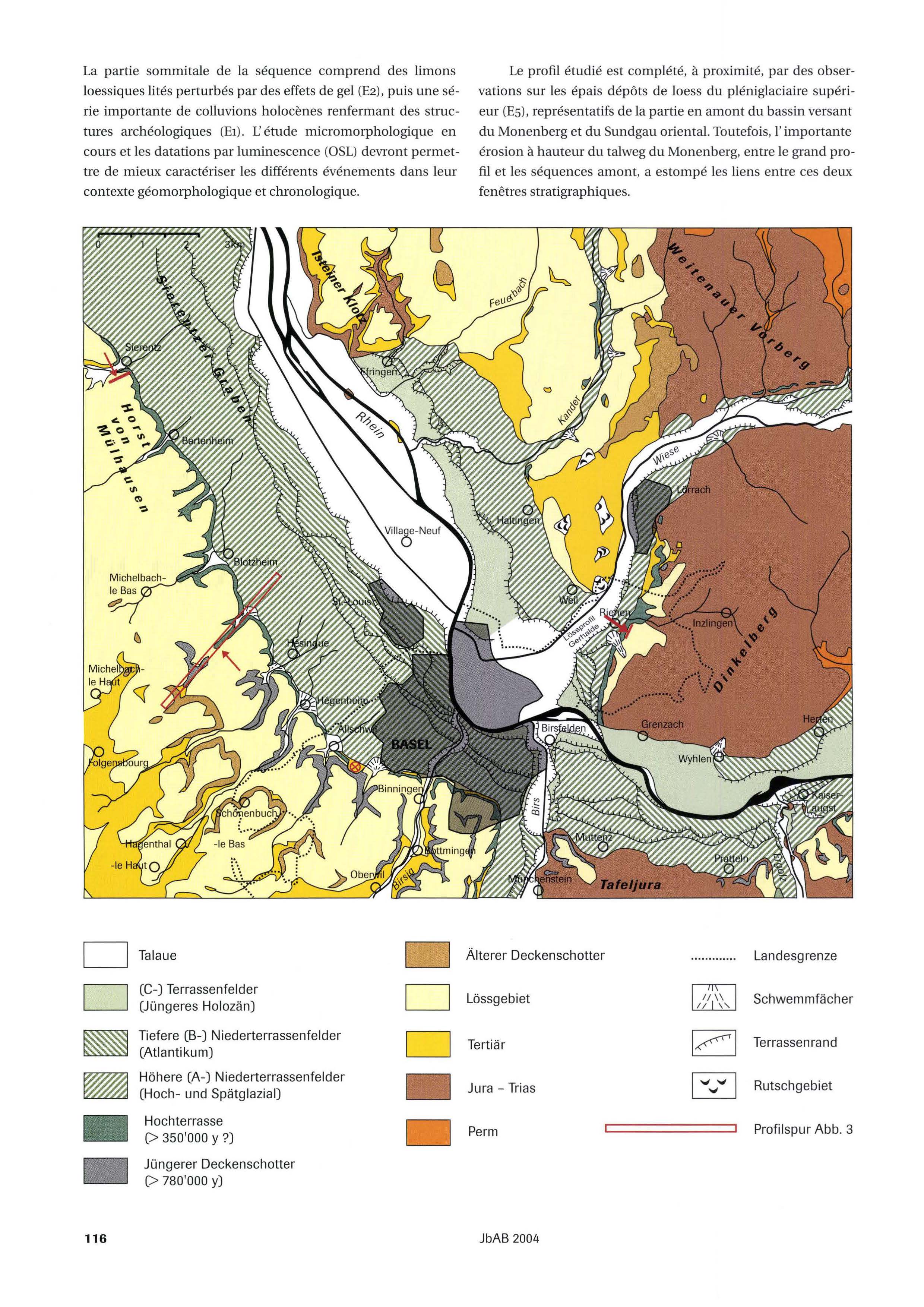 Quartärgeologische Übersichtskarte der Region Basel mit Lokalisation der im Text erwähnten Lössabfolgen von Sierentz Monenberg, Allschwil-Ziegelei und Riehen-Gerhalde