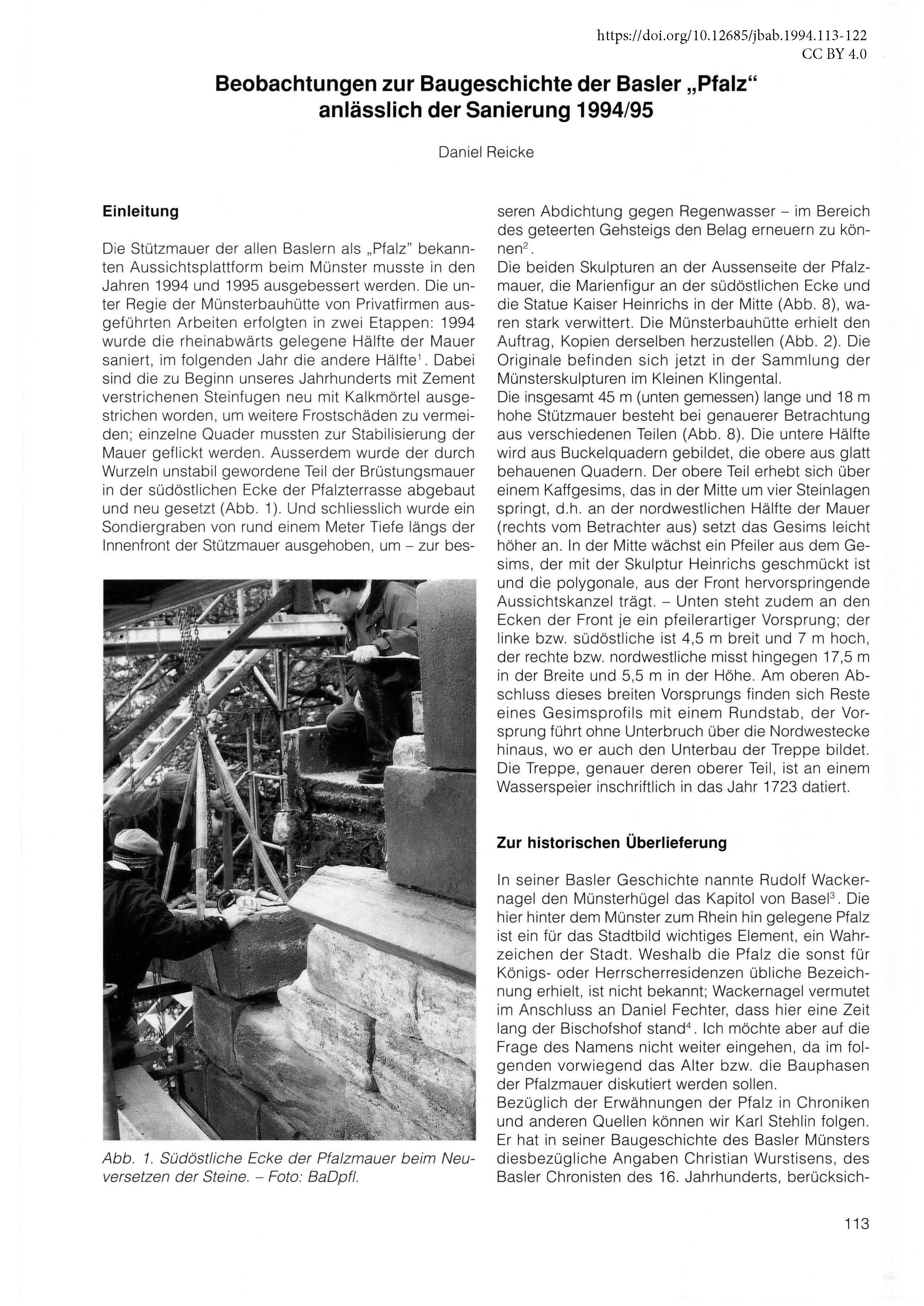 Erste Seite des Artikels zur Baugeschichte der Basler Pfalz