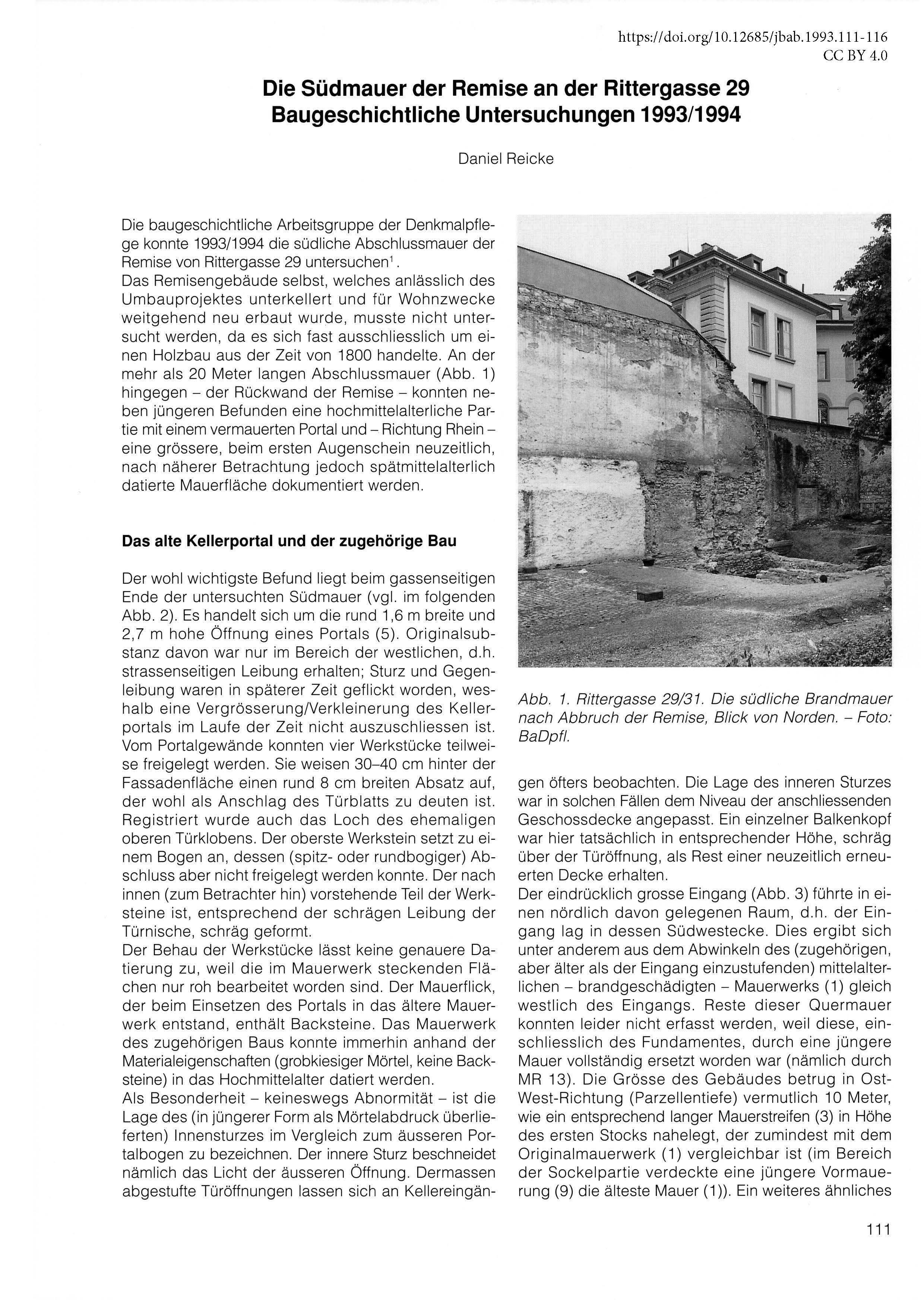 Erste Seite des Artikels über die Südmauer der Remise an der Rittergasse 29