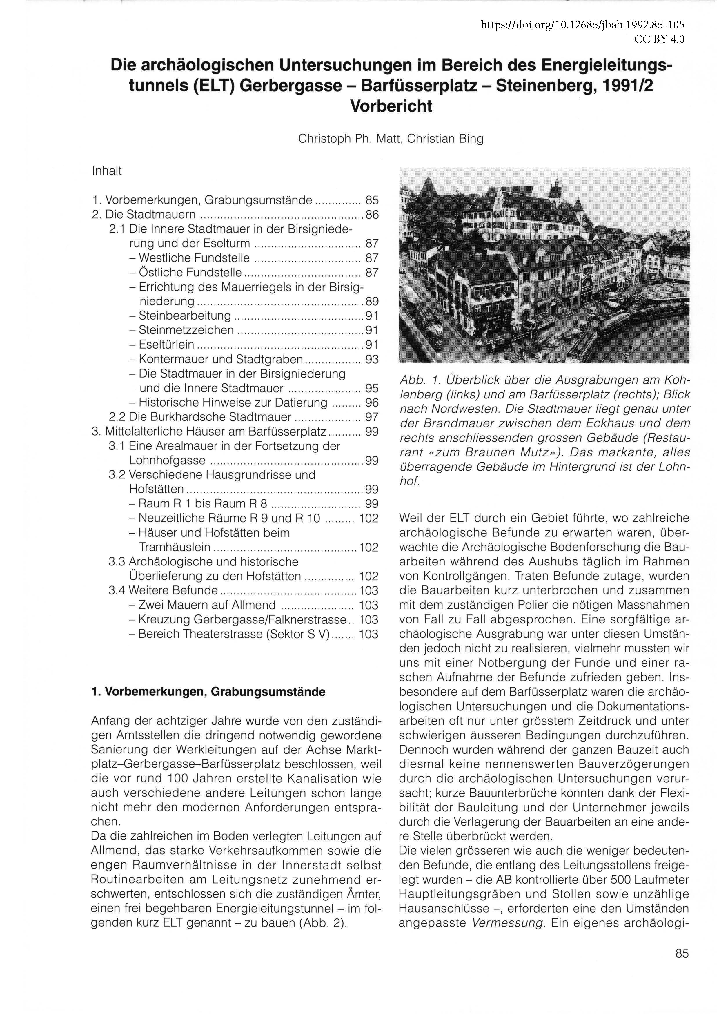 Erste Seite des Vorberichts zu den archäologischen Untersuchungen im Bereich Gerbergasse - Barfüsserplatz - Steinenberg