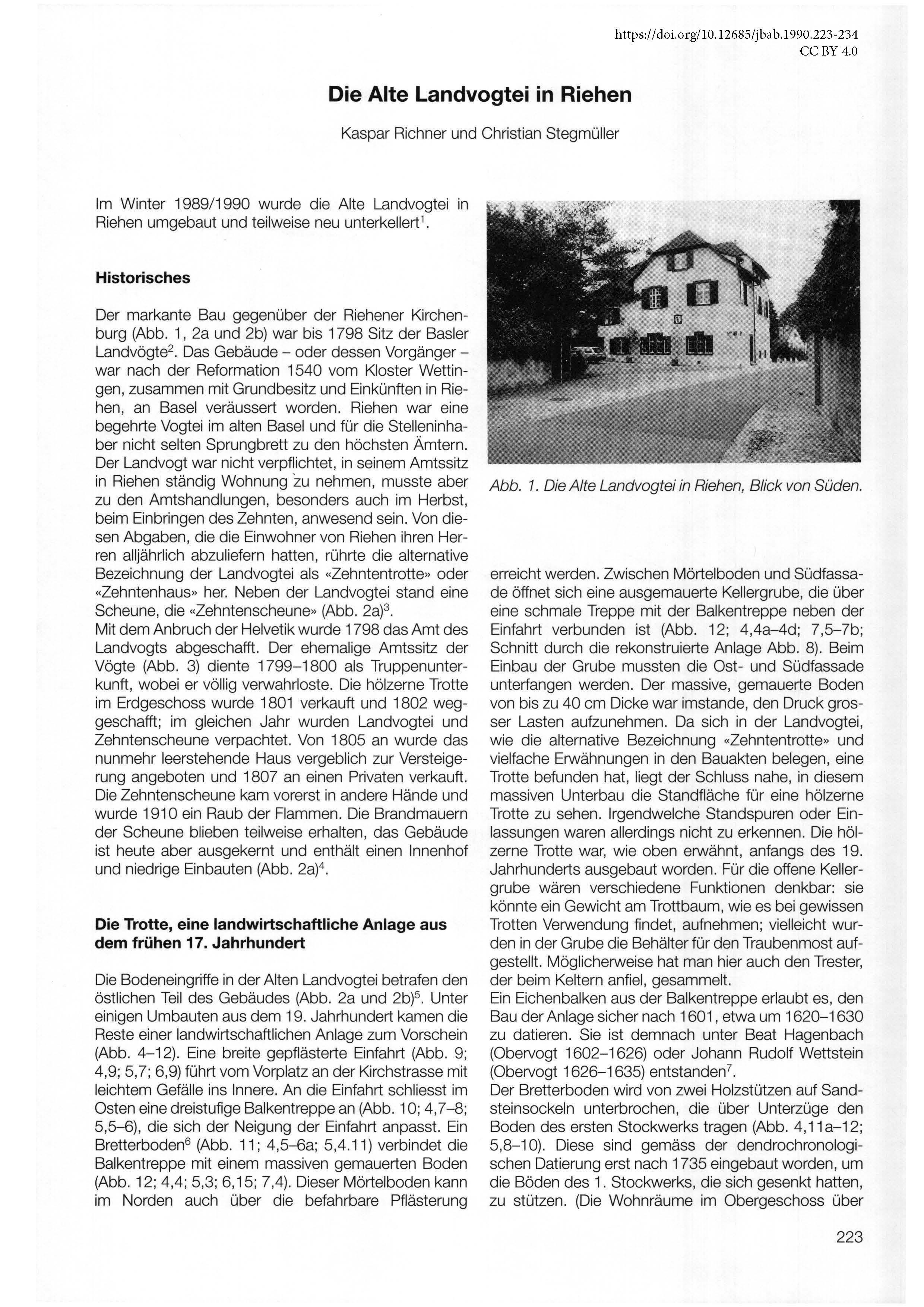 Erste Seite des Artikels über die Alte Landvogtei in Riehen