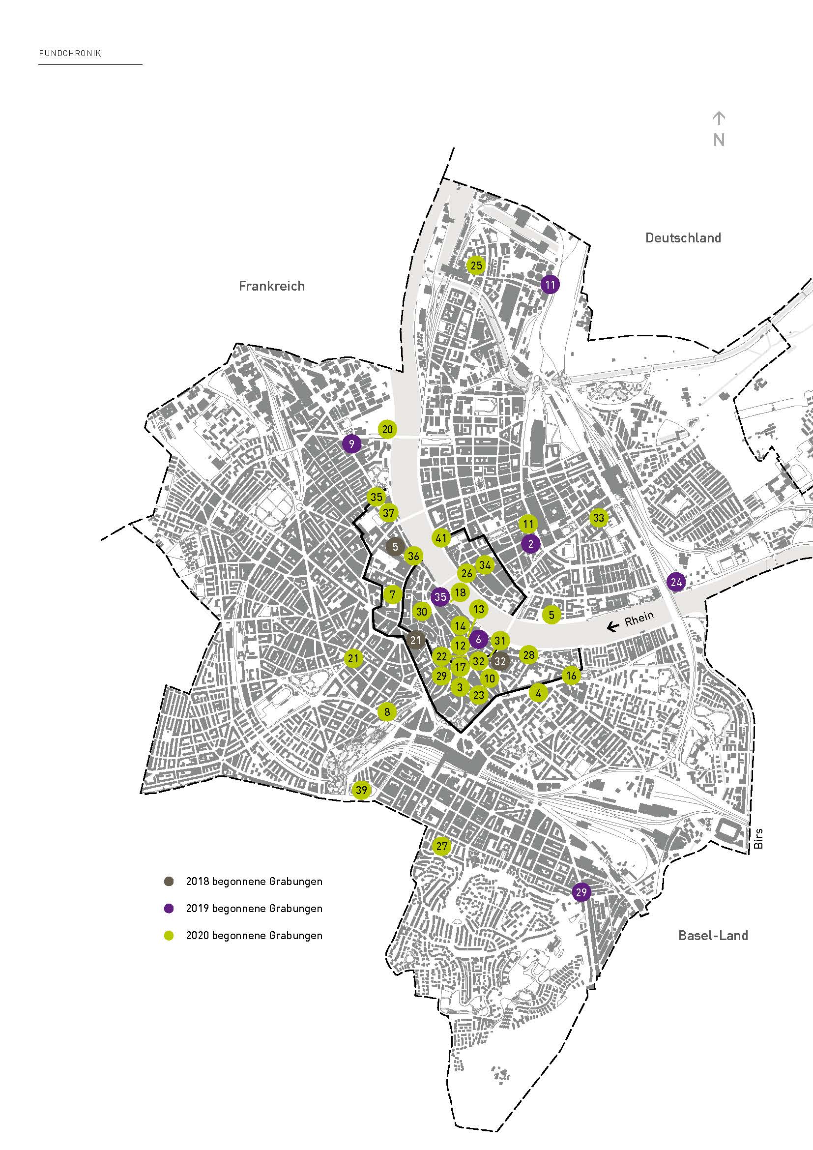 Kantonskarte mit Übersicht über die Ausgrabungen und Funde im Jahr 2020