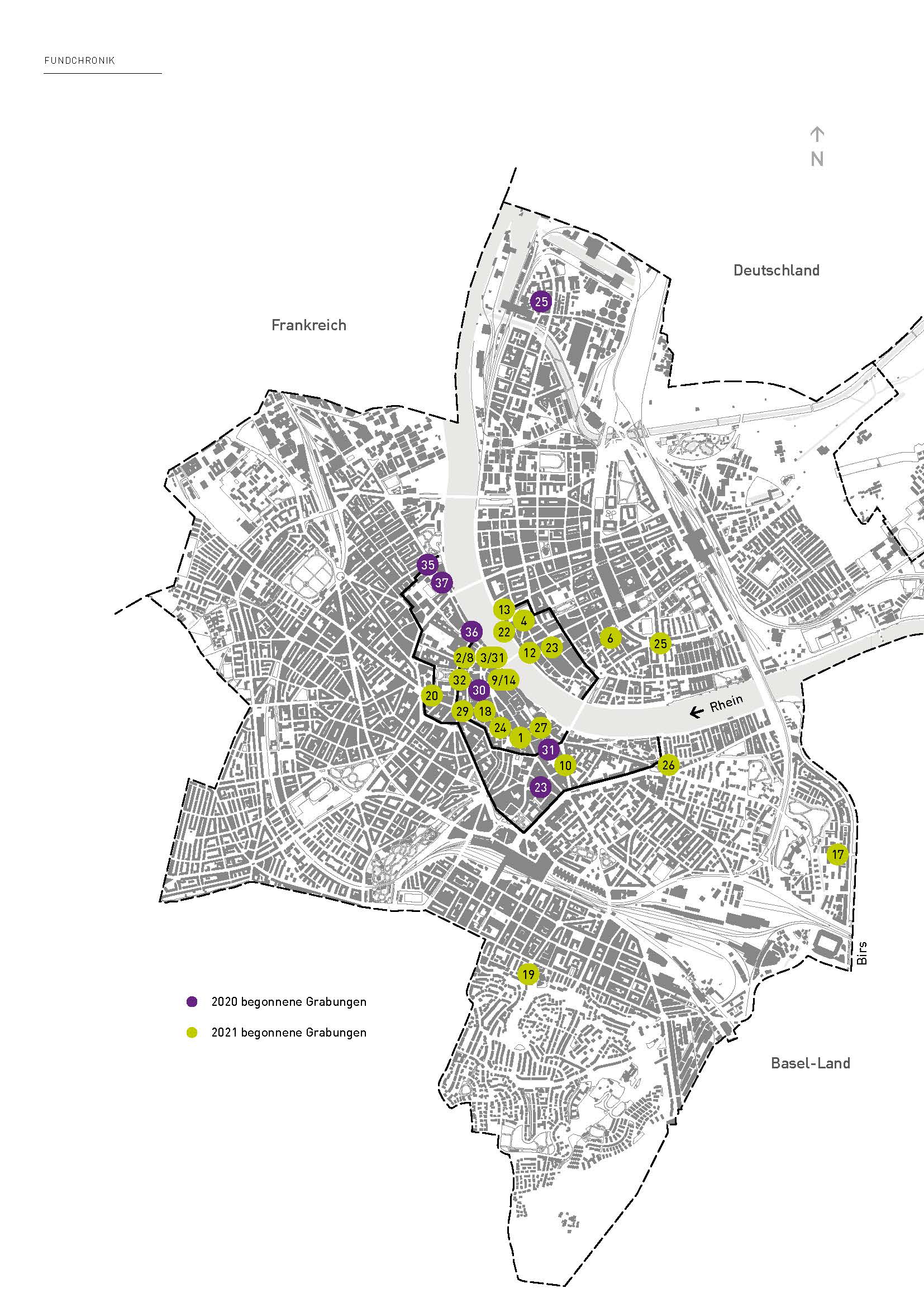 Kantonskarte mit Übersicht über die Ausgrabungen und Funde im Jahr 2021