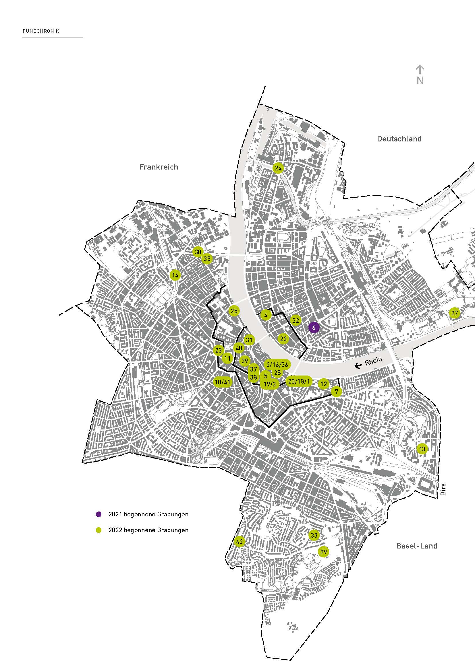 Die Fundstellen aus dem Jahr 2022 auf einer Karte des Kantons Basel-Stadt eingezeichnet
