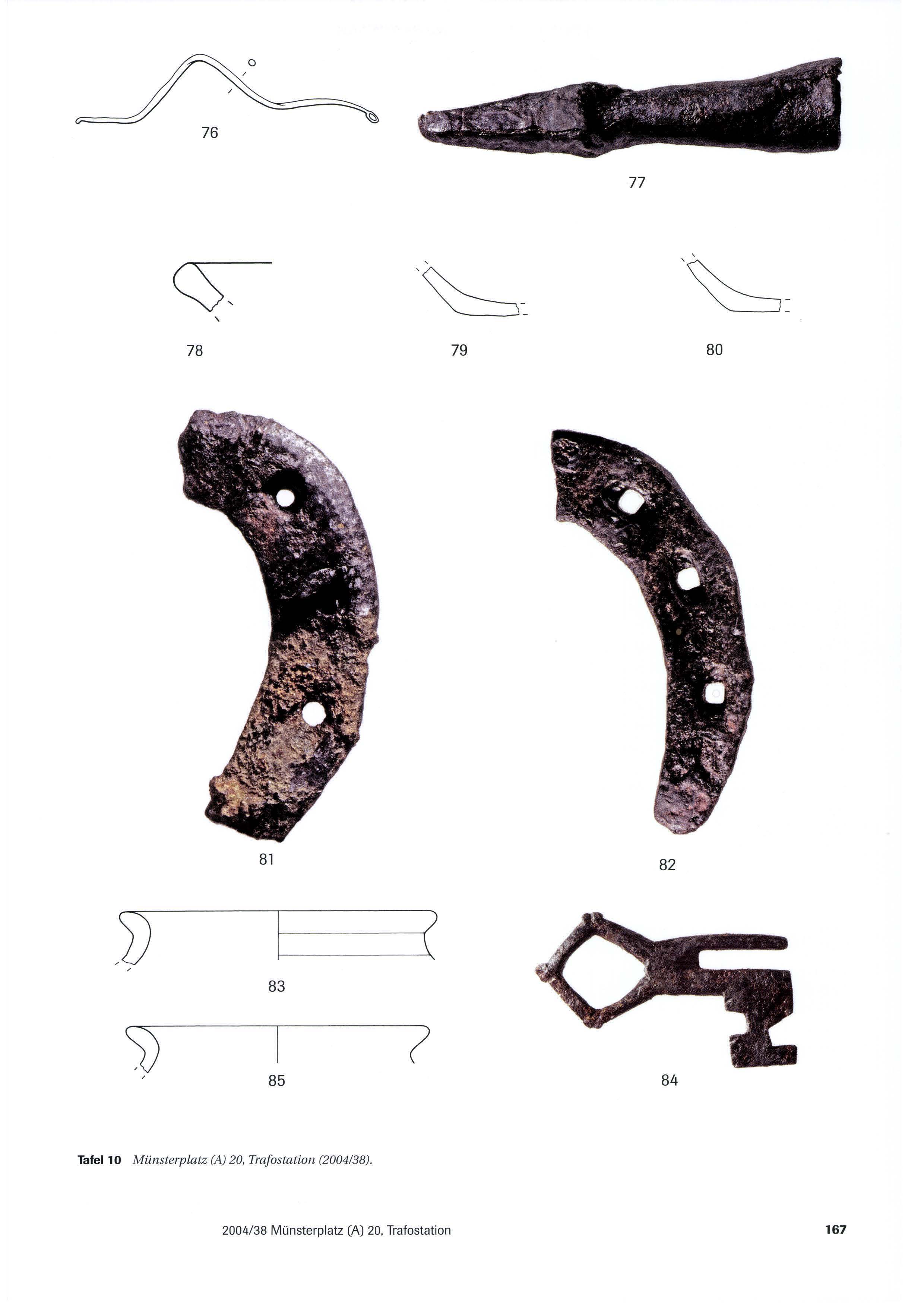 Geschossbolzen, Hufeisenfragmente und Schlüssel wurden u.a. auf der Grabung vor dem Münsterplatz 20 gefunden.